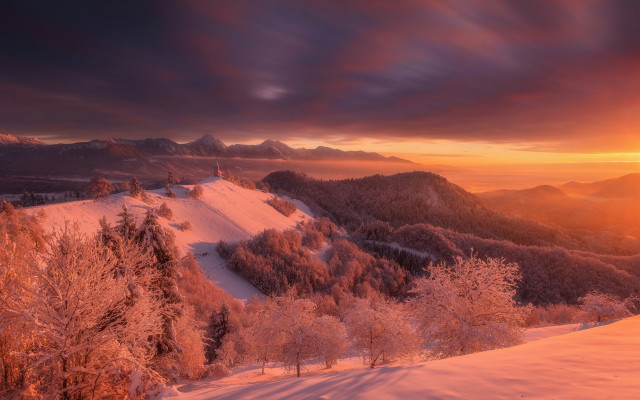 Sunset snowy mountain trees cloudy free wallpaper for desktop - medium preview image