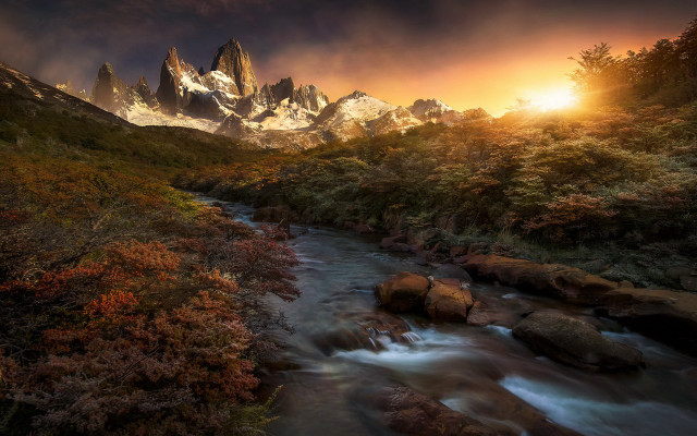 Lush green forest sunset mountains free wallpaper for desktop - medium preview image