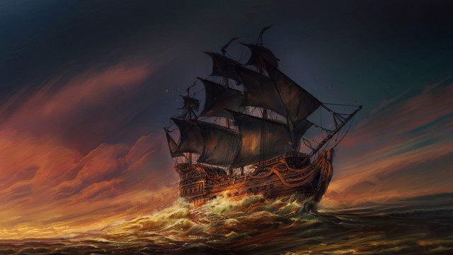 Ship ocean sunset clouds fantasy free wallpaper for desktop - medium preview image