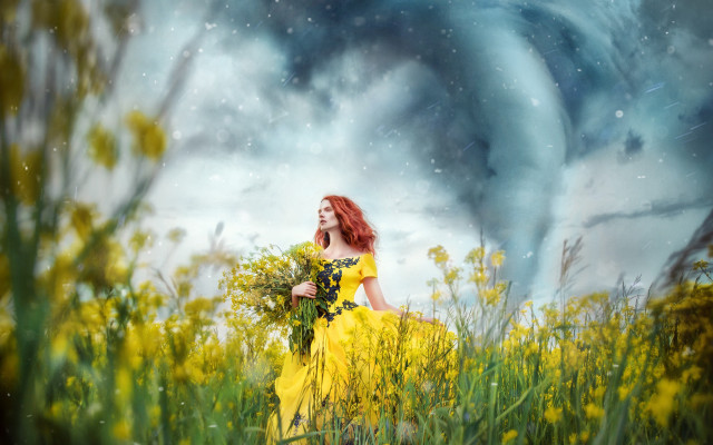Woman yellow dress flower field #3 free wallpaper for desktop - medium preview image