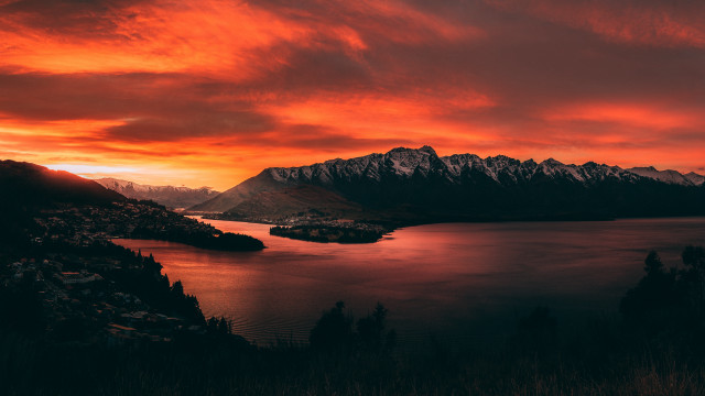 Red sky lake mountains cityscape free wallpaper for desktop - medium preview image