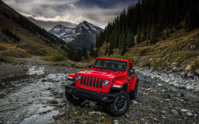 Red jeep mountains stream rocks free wallpaper for desktop - medium preview image