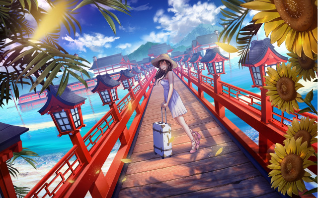 Woman bridge suitcase hat beach free wallpaper for desktop - medium preview image