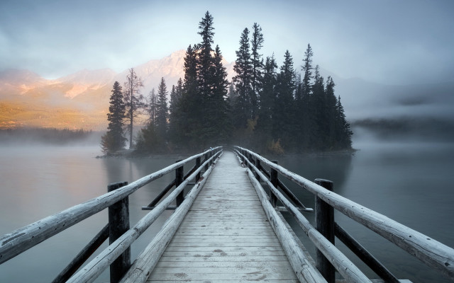 Wooden dock lake mountain forest free wallpaper for desktop - medium preview image