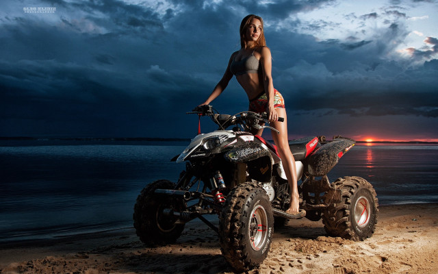 Woman beach sunset motorcycle tattoo free wallpaper for desktop - medium preview image