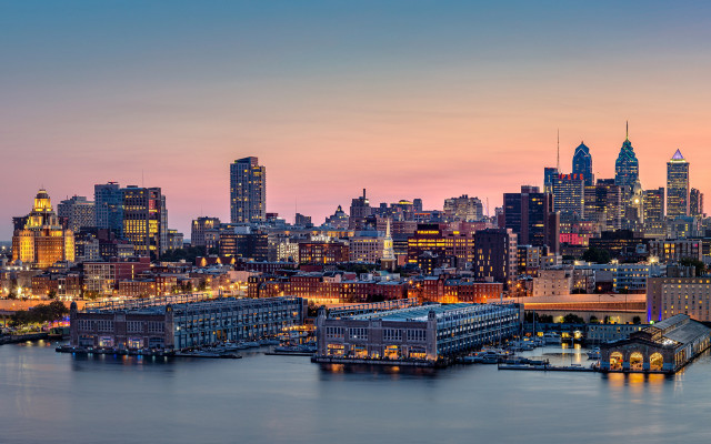 City skyline dusk pink water free wallpaper for desktop - medium preview image