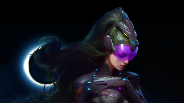 Futuristic woman purple mask moon free wallpaper for desktop - medium preview image