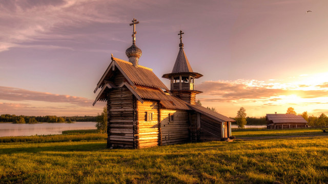 Wooden church sunset lake tower free wallpaper for desktop - medium preview image