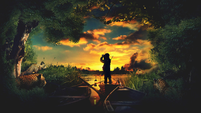 Giraffe boat river sunset autumn free wallpaper for desktop - medium preview image