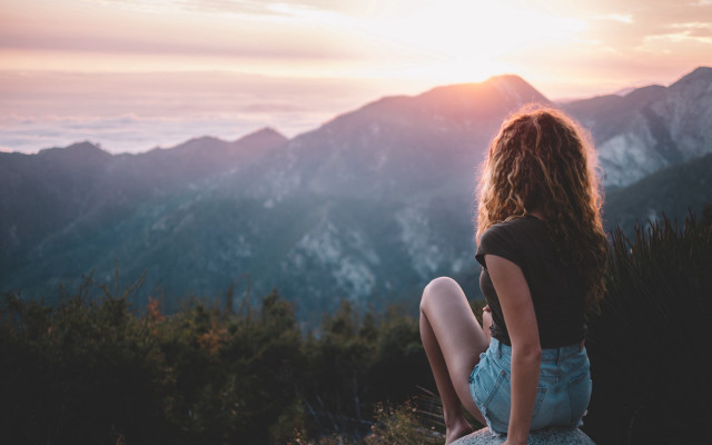 Woman mountains sunset beach denim free wallpaper for desktop - medium preview image