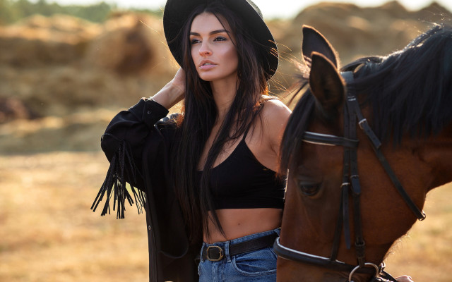 Woman cowboy hat horse field #3 free wallpaper for desktop - medium preview image