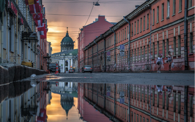 Cityscape clocktower reflections magicrealism architecture free wallpaper for desktop - medium preview image