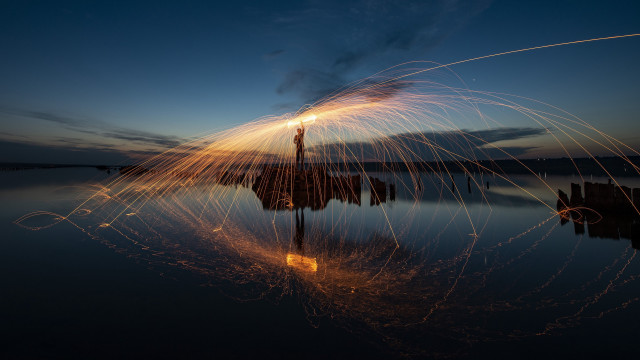 Dock firework reflection city lights free wallpaper for desktop - medium preview image