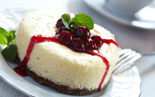 Cheesecake cherries mint plate fork free wallpaper for desktop - medium preview image