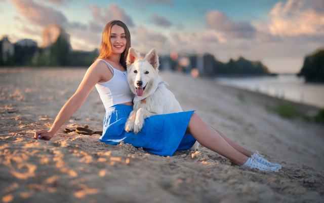 Beach woman dog sunset mountain free wallpaper for desktop - medium preview image