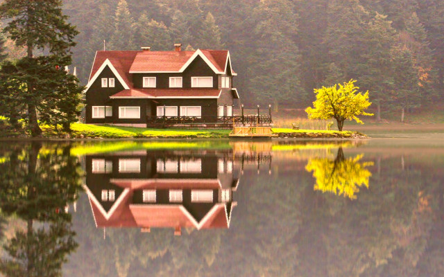 House lake forest autumn architecture free wallpaper for desktop - medium preview image