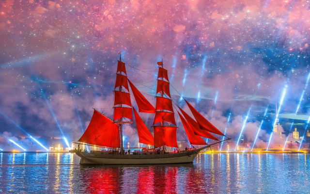 Red sailboat fireworks bridge mystical free wallpaper for desktop - medium preview image
