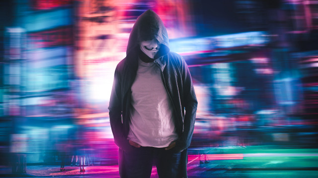 Man hooded jacket city neon free wallpaper for desktop - medium preview image