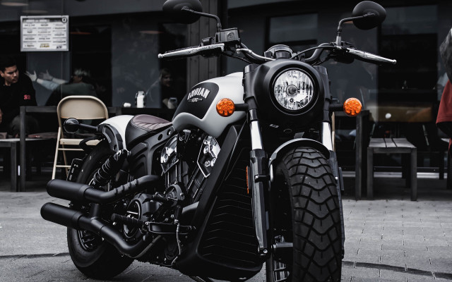 Motorcycle street building people dining free wallpaper for desktop - medium preview image