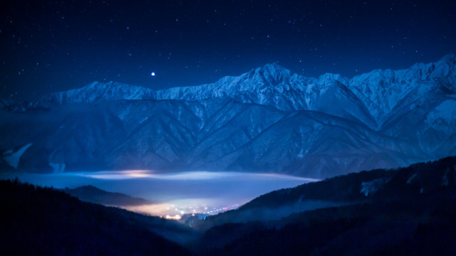 Mountain lake city night moon free wallpaper for desktop - medium preview image