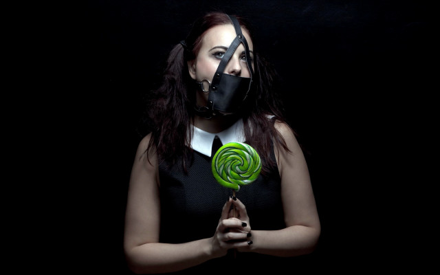 Woman gasmask lollipop portrait transgressive free wallpaper for desktop - medium preview image