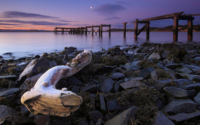 Rock beach pier sunset moon free wallpaper for desktop - medium preview image