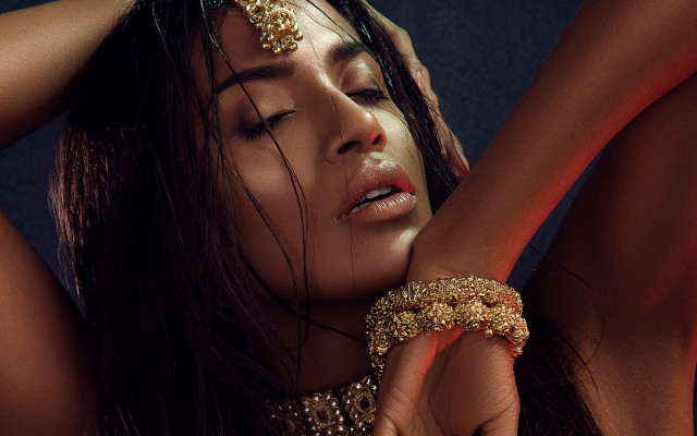 Woman gold bracelet head hands free wallpaper for desktop - medium preview image