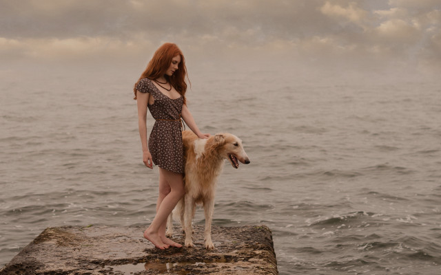 Woman dog beach cloudy sunset free wallpaper for desktop - medium preview image