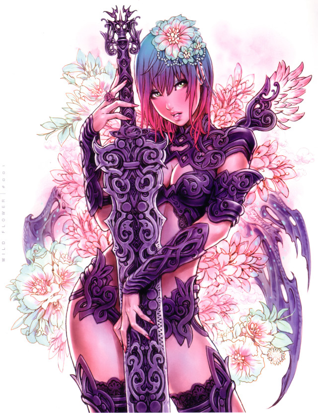 Woman sword flowers hair body free wallpaper for mobile - medium preview image