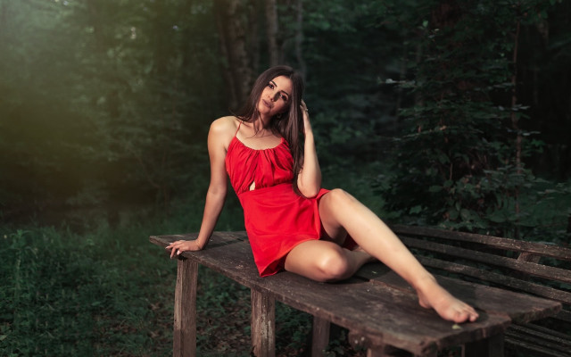 Woman red dress forest bench free wallpaper for desktop - medium preview image