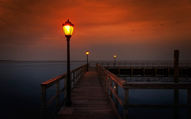 Pier light night red sky free wallpaper for desktop - medium preview image
