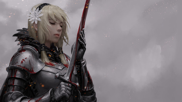 Woman armor sword flower clouds free wallpaper for desktop - medium preview image