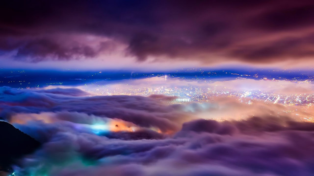 Cityscape clouds night rainbow fog free wallpaper for desktop - medium preview image