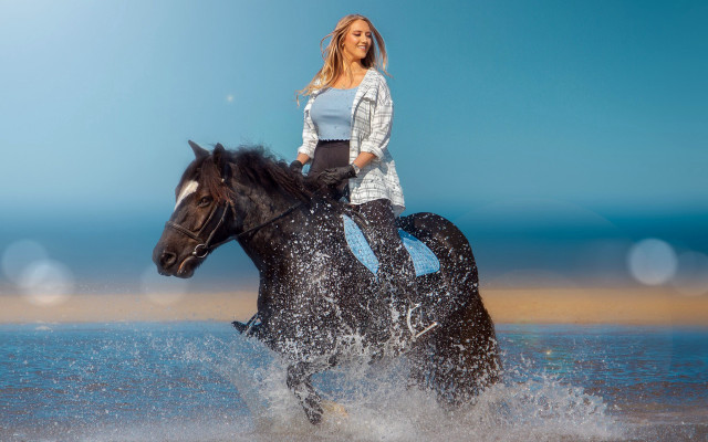 Woman horse beach water sky free wallpaper for desktop - medium preview image