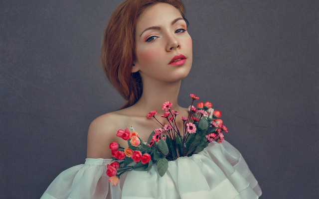 Elina karimova redhair whitedress flower free wallpaper for desktop - medium preview image