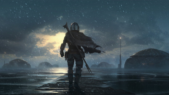 Man suit helmet pier rain free wallpaper for desktop - medium preview image