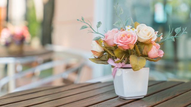 Vase flowers wooden table building free wallpaper for desktop - medium preview image