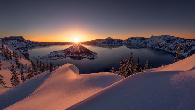 Sunset mountain lake snow trees free wallpaper for desktop - medium preview image