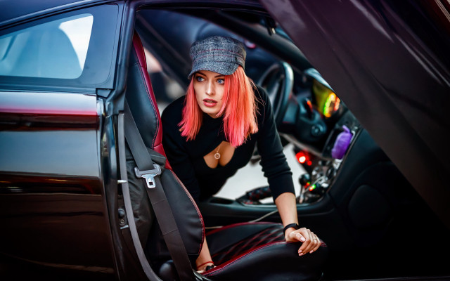 Pink hair woman car synthwave free wallpaper for desktop - medium preview image