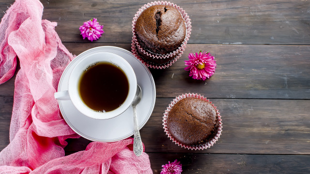 Coffee muffins pink flowers table free wallpaper for desktop - medium preview image