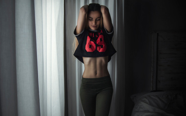 Woman crop top tights window free wallpaper for desktop - medium preview image