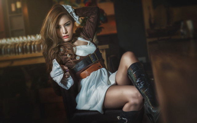 Woman white dress boots dog free wallpaper for desktop - medium preview image