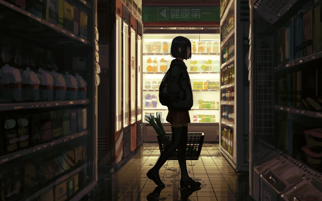 Grocery store woman cyberpunk cityscape free wallpaper for desktop - medium preview image