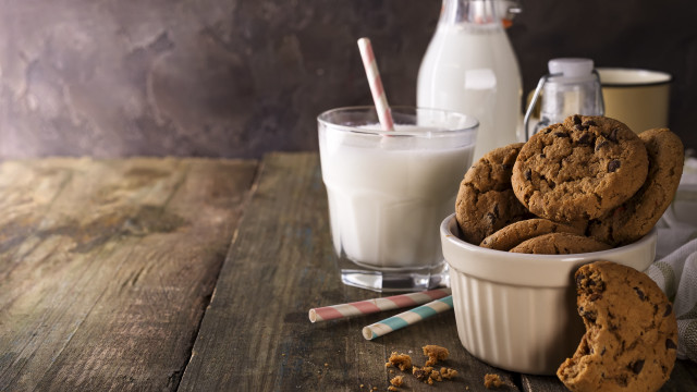 Bowl cookies milk table photorealism free wallpaper for desktop - medium preview image