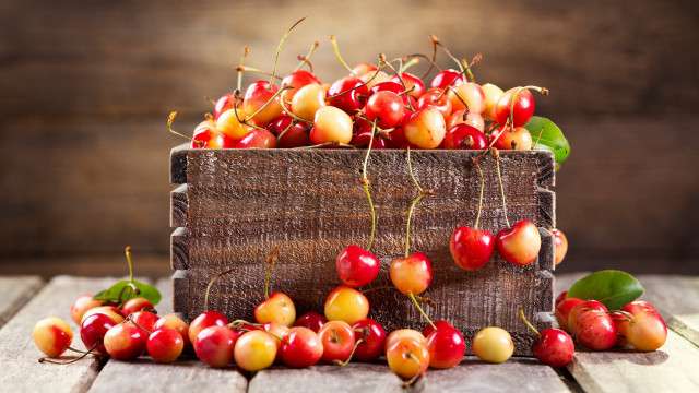 Wooden box cherries leaves puzzle free wallpaper for desktop - medium preview image