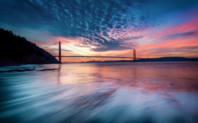 Sunset water bridge mountains lake free wallpaper for desktop - medium preview image