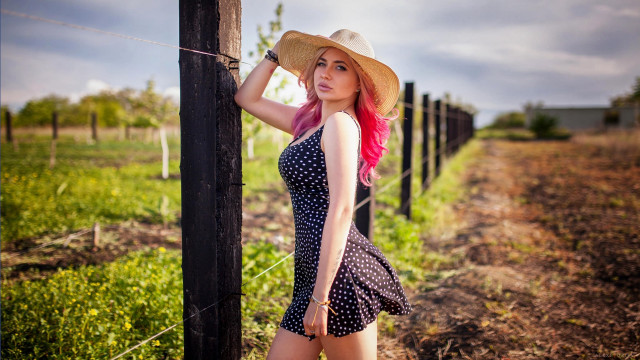 Pink hair fence field fashion free wallpaper for desktop - medium preview image
