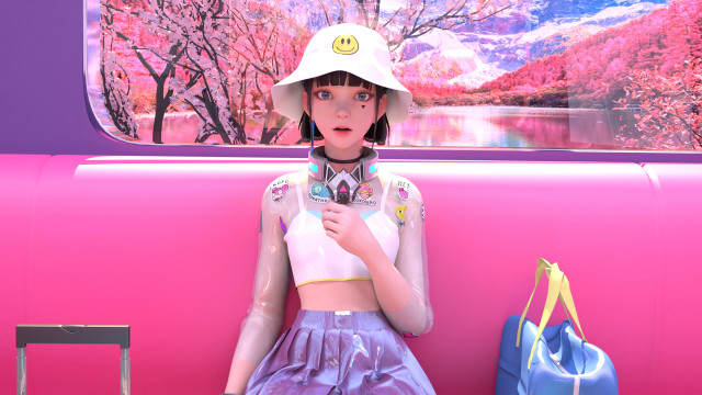 Woman hat dress pink bench free wallpaper for desktop - medium preview image