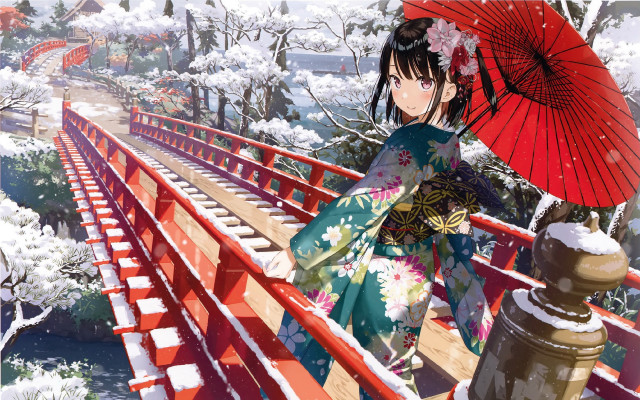Woman kimono umbrella bridge cherry free wallpaper for desktop - medium preview image
