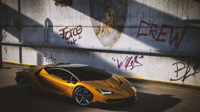 Yellow sports car graffiti wall #2 free wallpaper for desktop - medium preview image